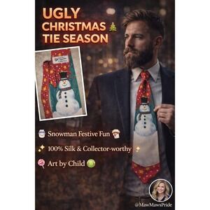 SAVE THE CHILDREN Christmas Snowman Silk Tie Holiday Novelty Art by Child Frosty